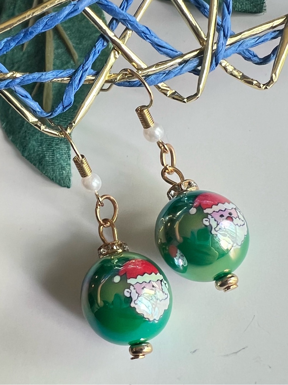 Festive Green Santa Clause Ornament Drop Earrings - Christmas / St Nick